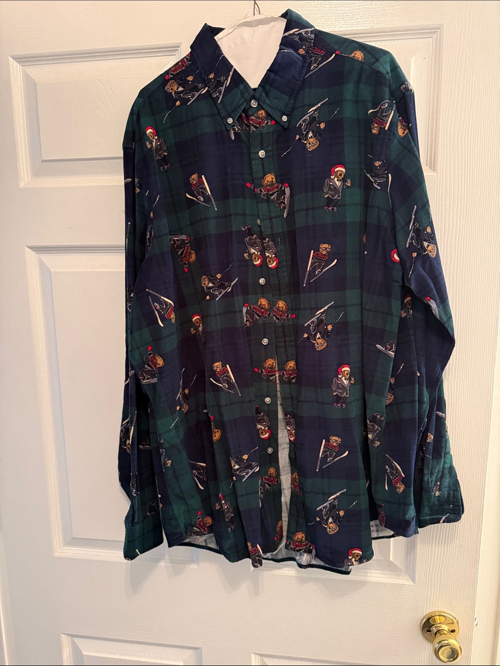 Vintage Corduroy by Ralph Lauren Green and Navy Plaid Ski Bear Button-Down Shirt